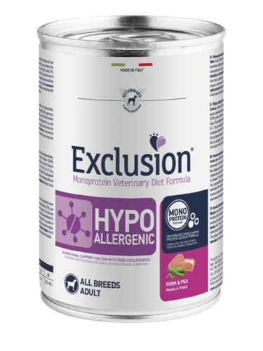 EXCLUSION HYPOALLERGENIC ADULT MAIALE E PISELLI BARATTOLO 400 GR